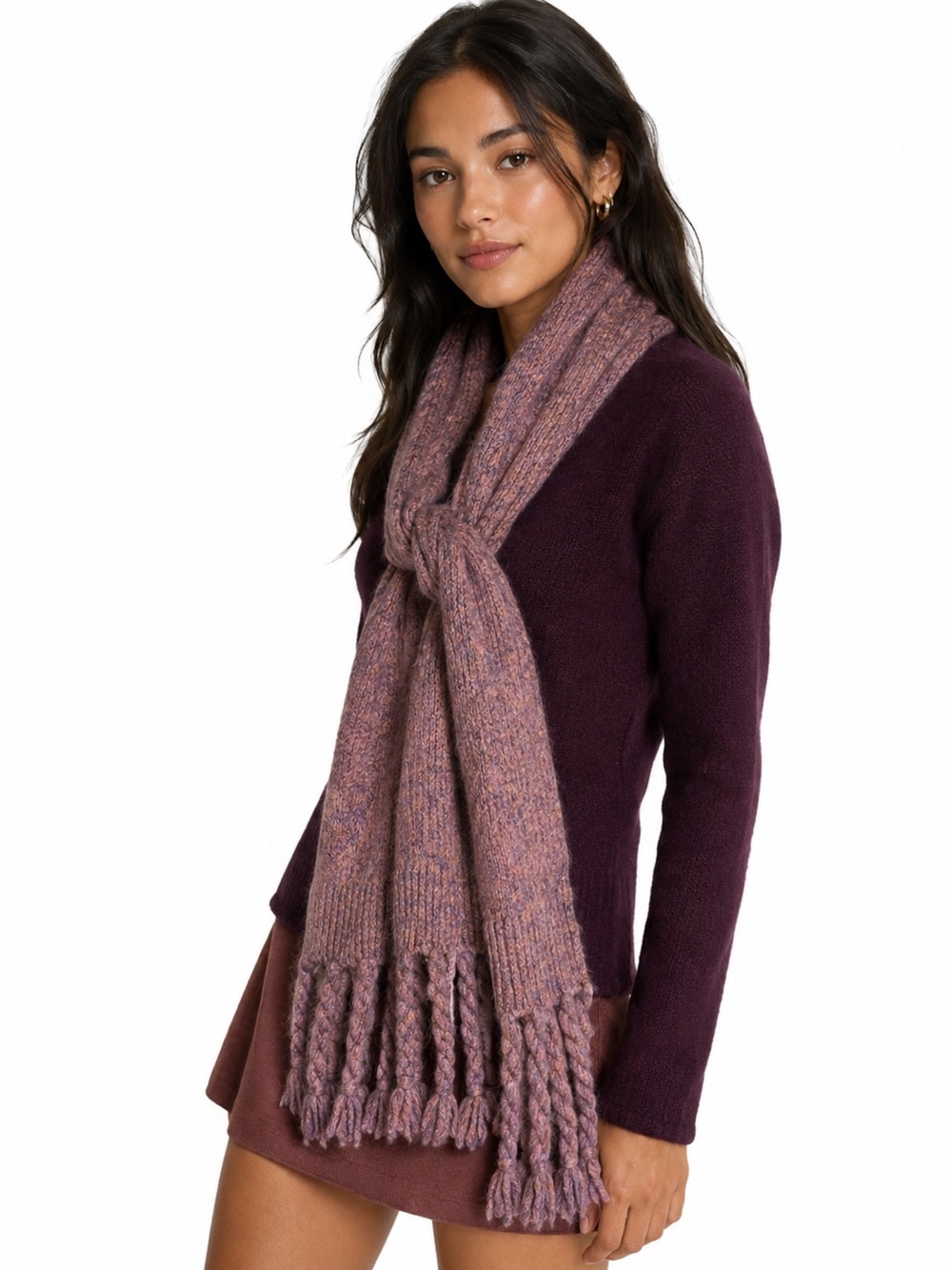 Anthropologie Chunky Knit Winter Scarf Braided Fringe Marled Brown Purple Winter
